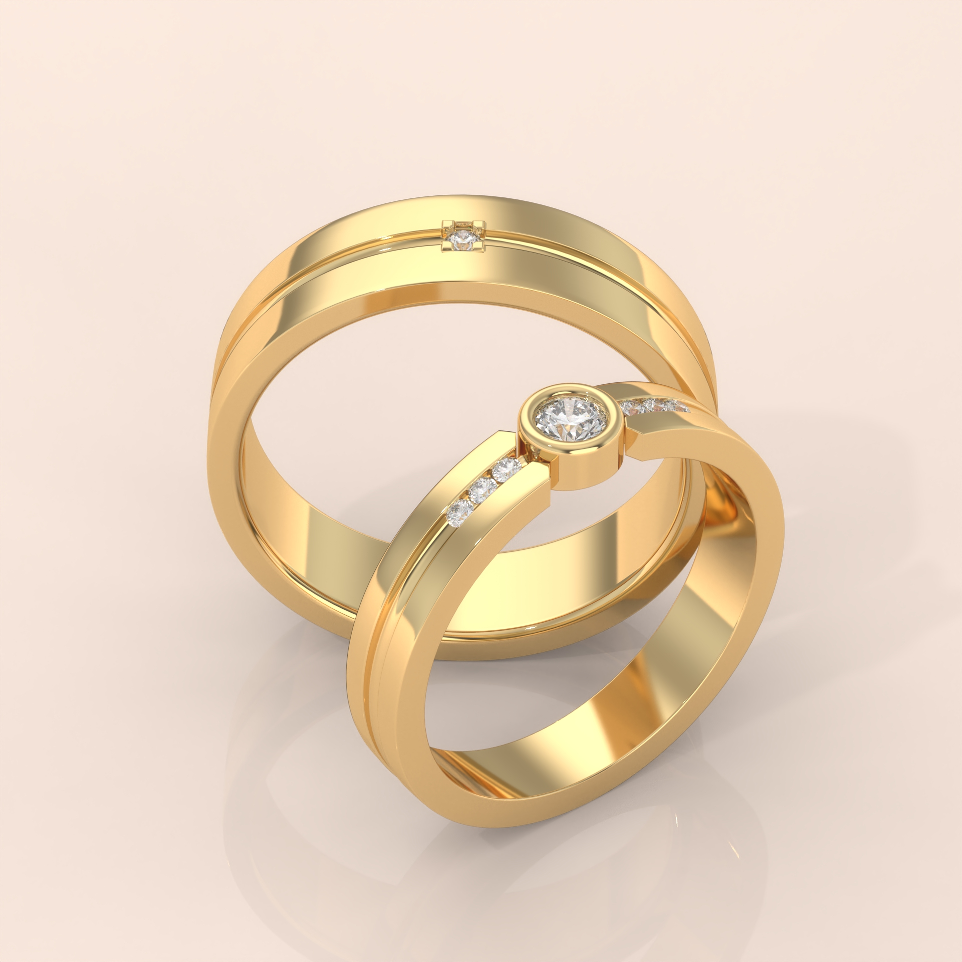 10k Gold Couple Rings – Matching Bands with Solitaire and Accent Diamonds, Wedding or Engagement Set