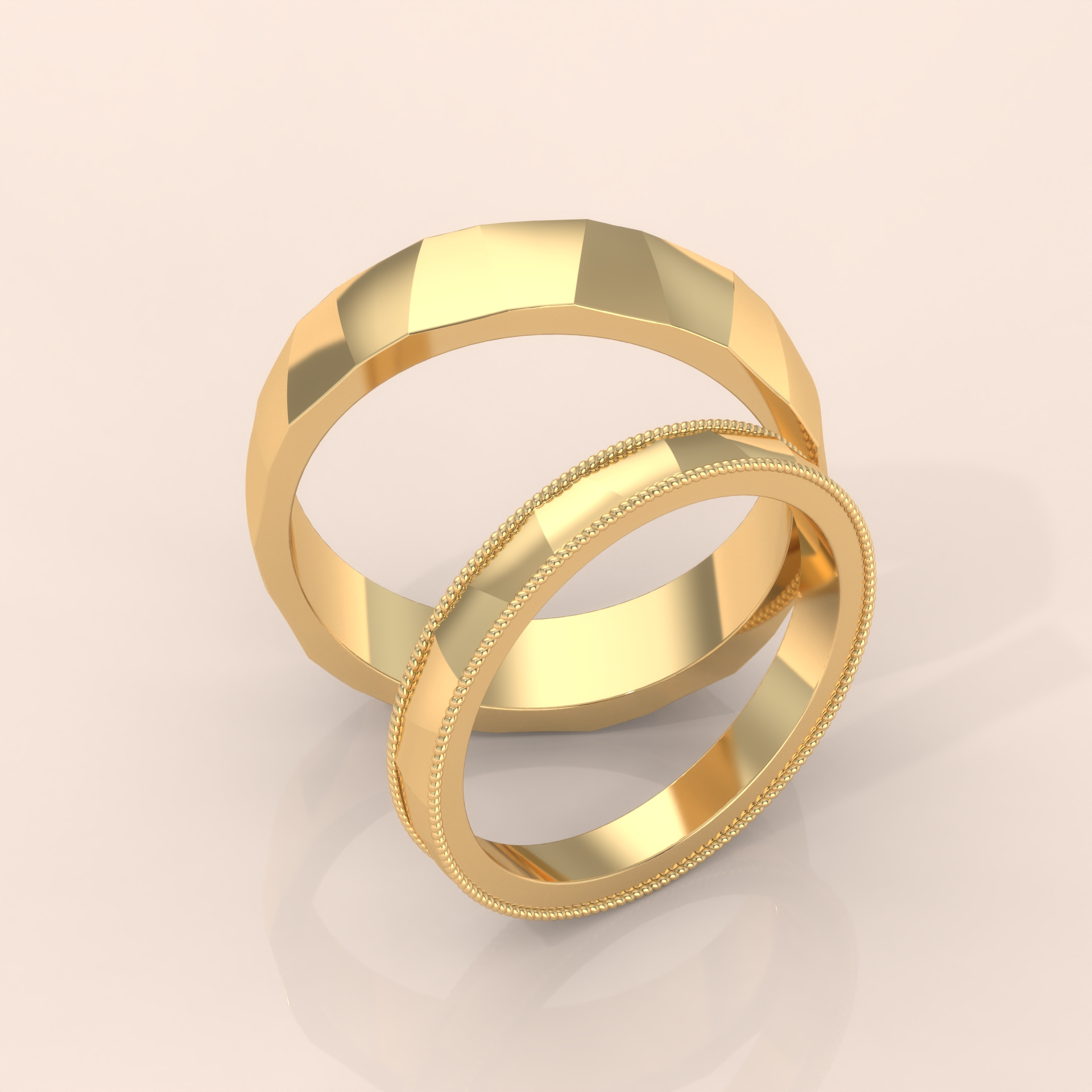 10k Gold Couple Ring Set – Handmade Faceted Wedding Bands with Beaded Edge, Classic Anniversary Jewelry