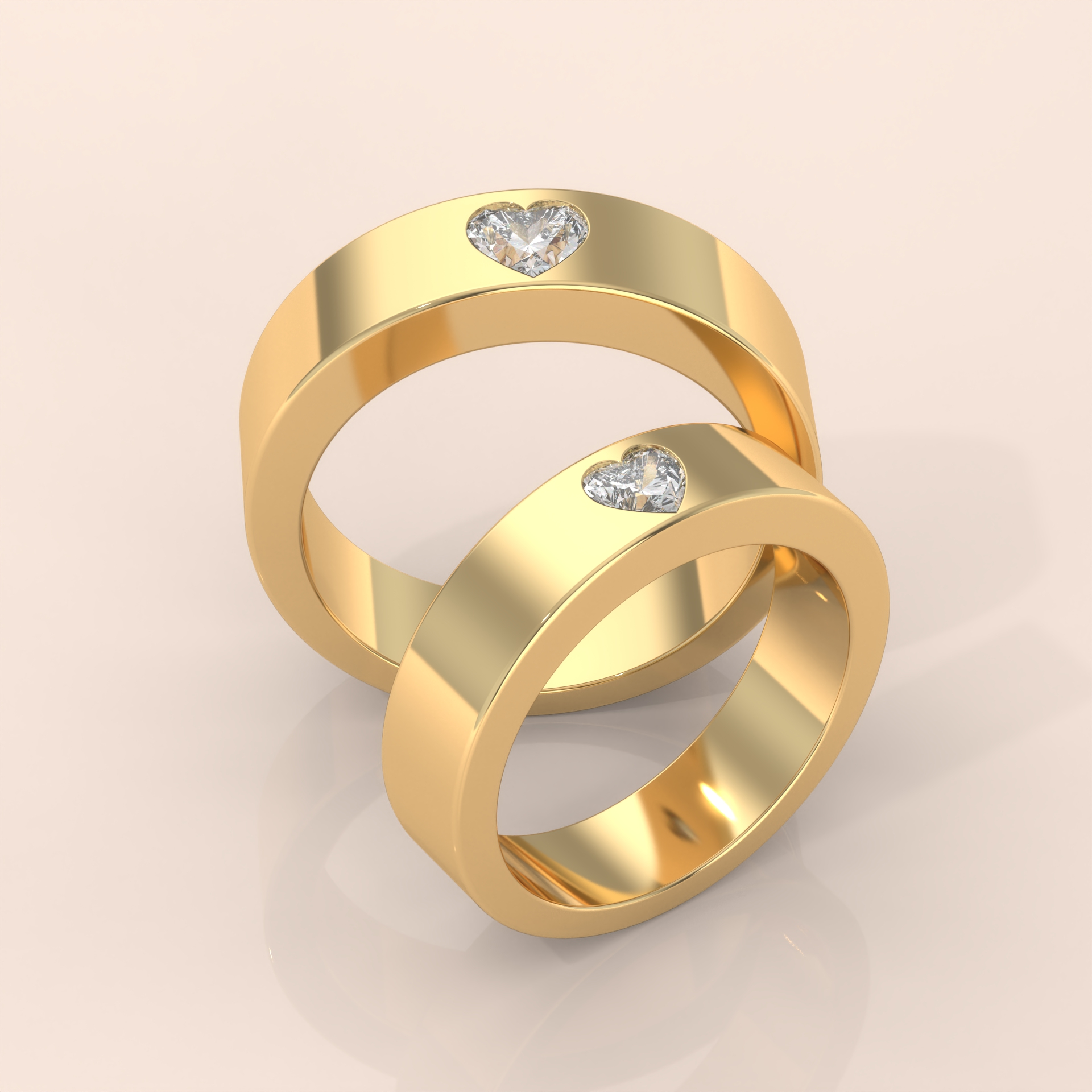 10k Gold Couple Rings – Heart Diamond Matching Wedding Bands, Romantic Engagement or Promise Ring Set