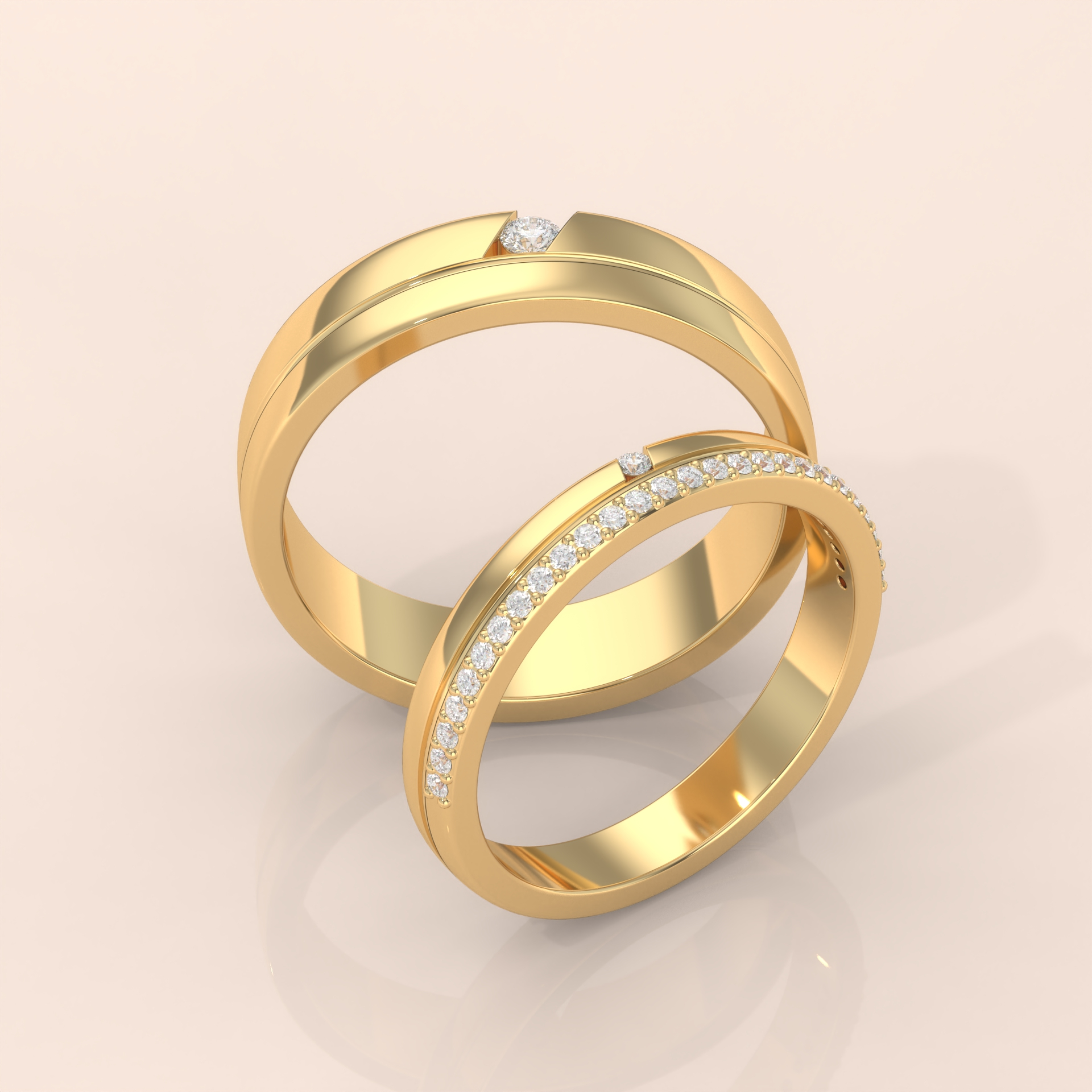 10k Gold Couple Rings – His and Hers Matching Wedding Bands with Round and Pavé Diamonds, Elegant Gift Set