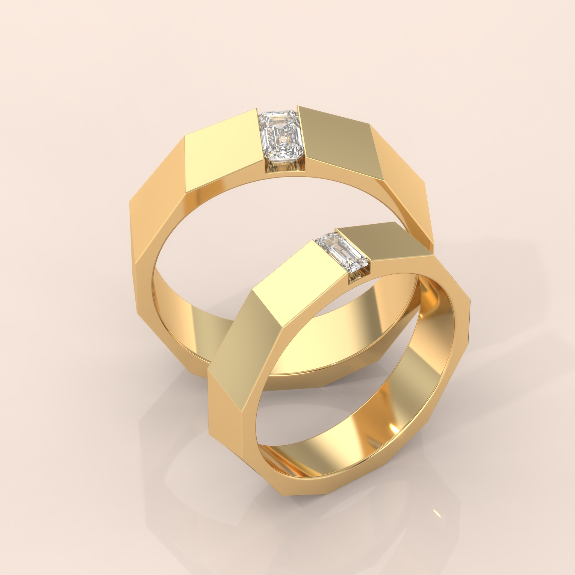 10k Gold Couple Wedding Bands – Emerald Cut Diamond Matching Rings, Modern Minimalist Engagement Set