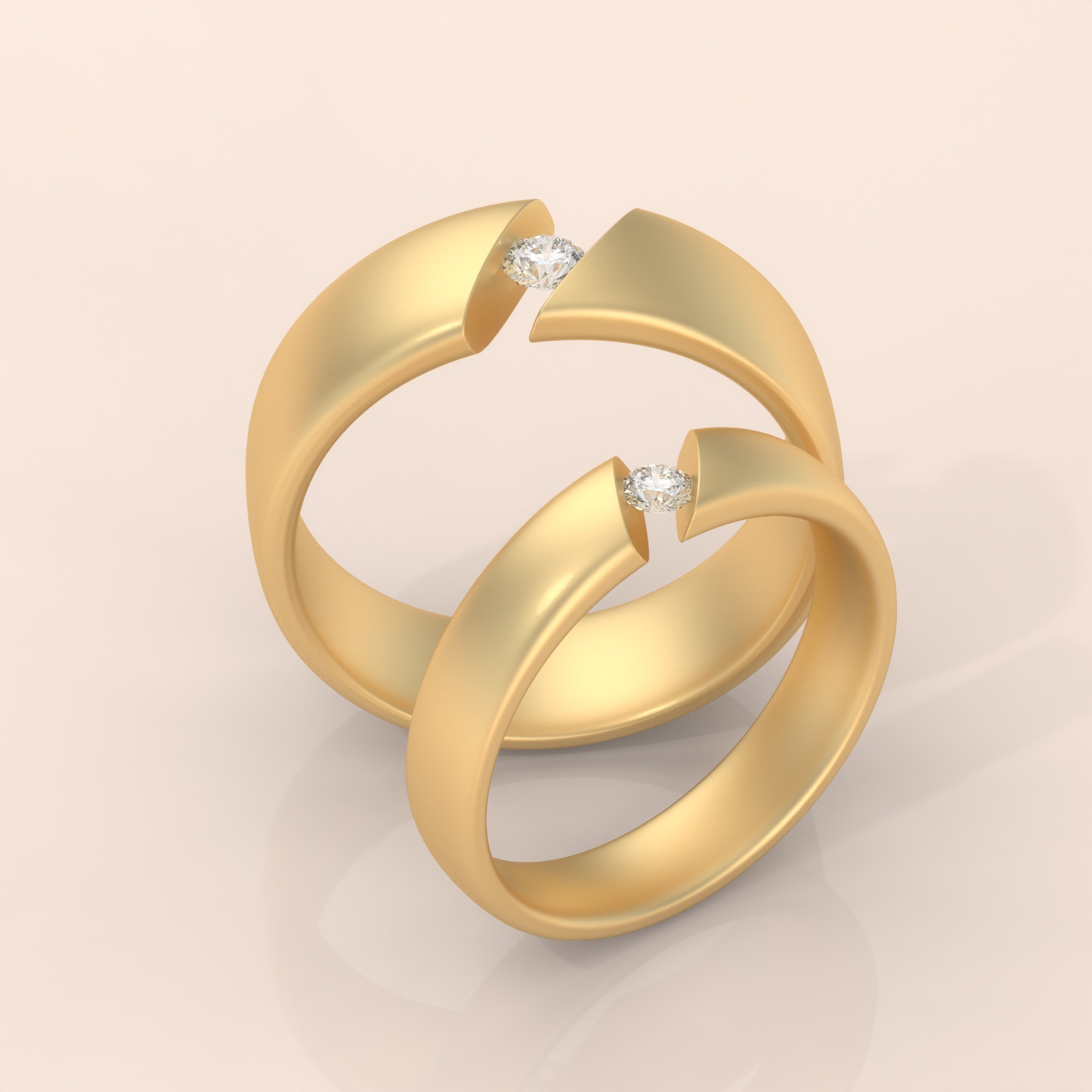 10k Gold Couple Wedding Bands – His and Hers Matching Rings with Floating Diamond, Modern Engagement Set