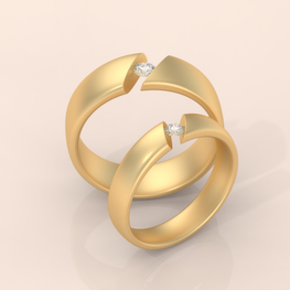 10k Gold Couple Wedding Bands – His and Hers Matching Rings with Floating Diamond, Modern Engagement Set