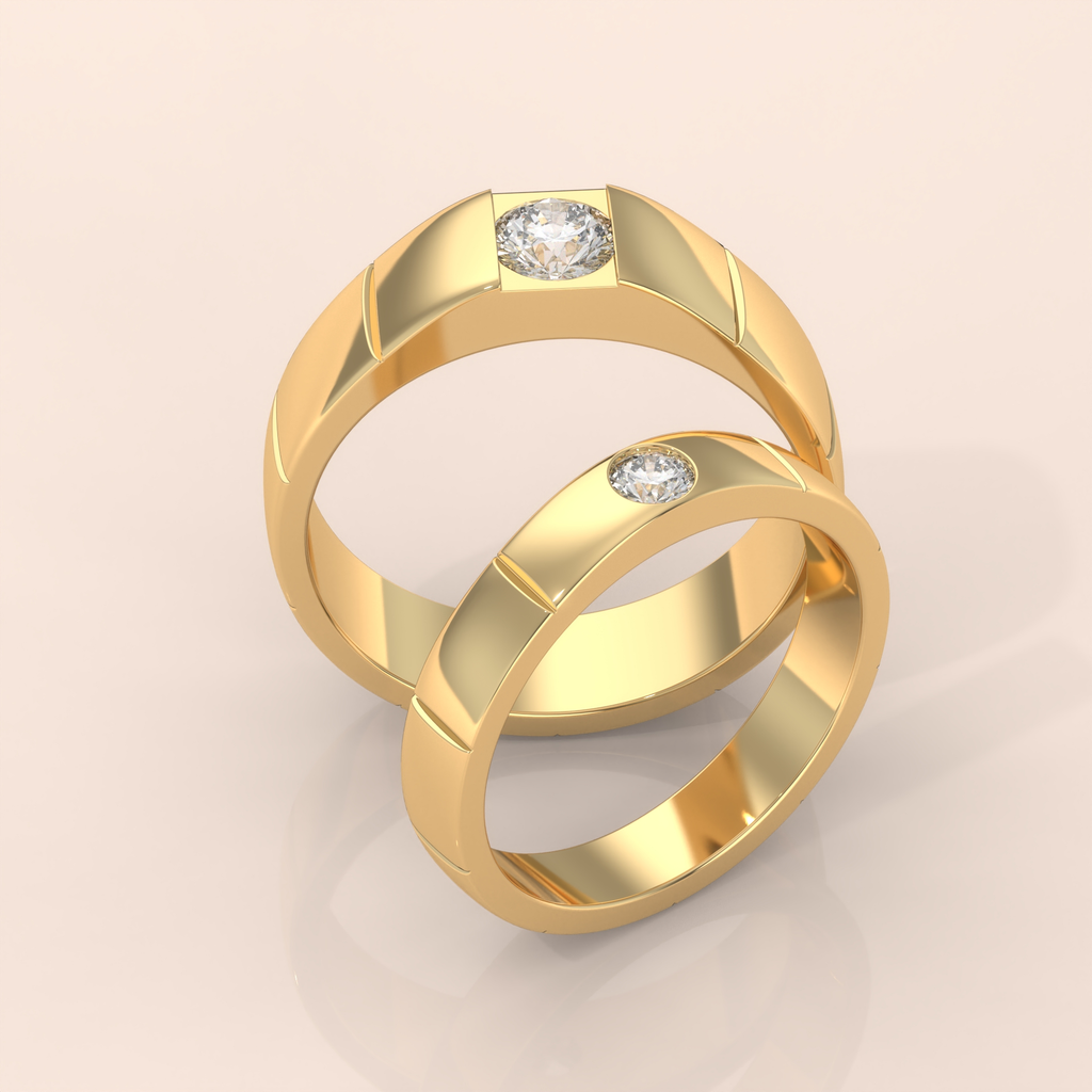 10k Gold Couple Rings – His and Hers Matching Solitaire Diamond Wedding Bands, Modern Engagement Set