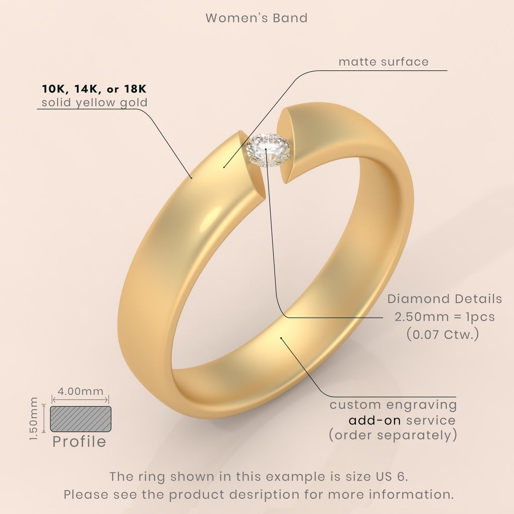 10k Gold Couple Wedding Bands – His and Hers Matching Rings with Floating Diamond, Modern Engagement Set