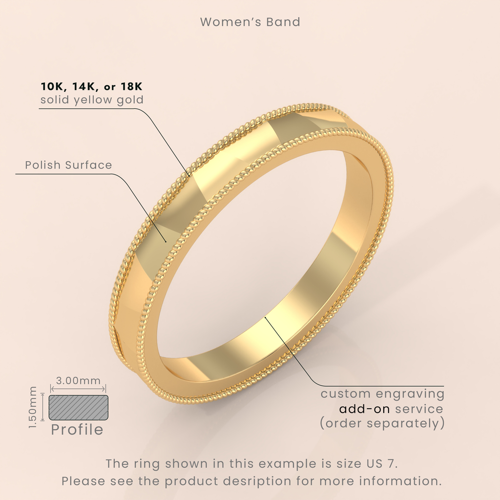 10k Gold Couple Ring Set – Handmade Faceted Wedding Bands with Beaded Edge, Classic Anniversary Jewelry