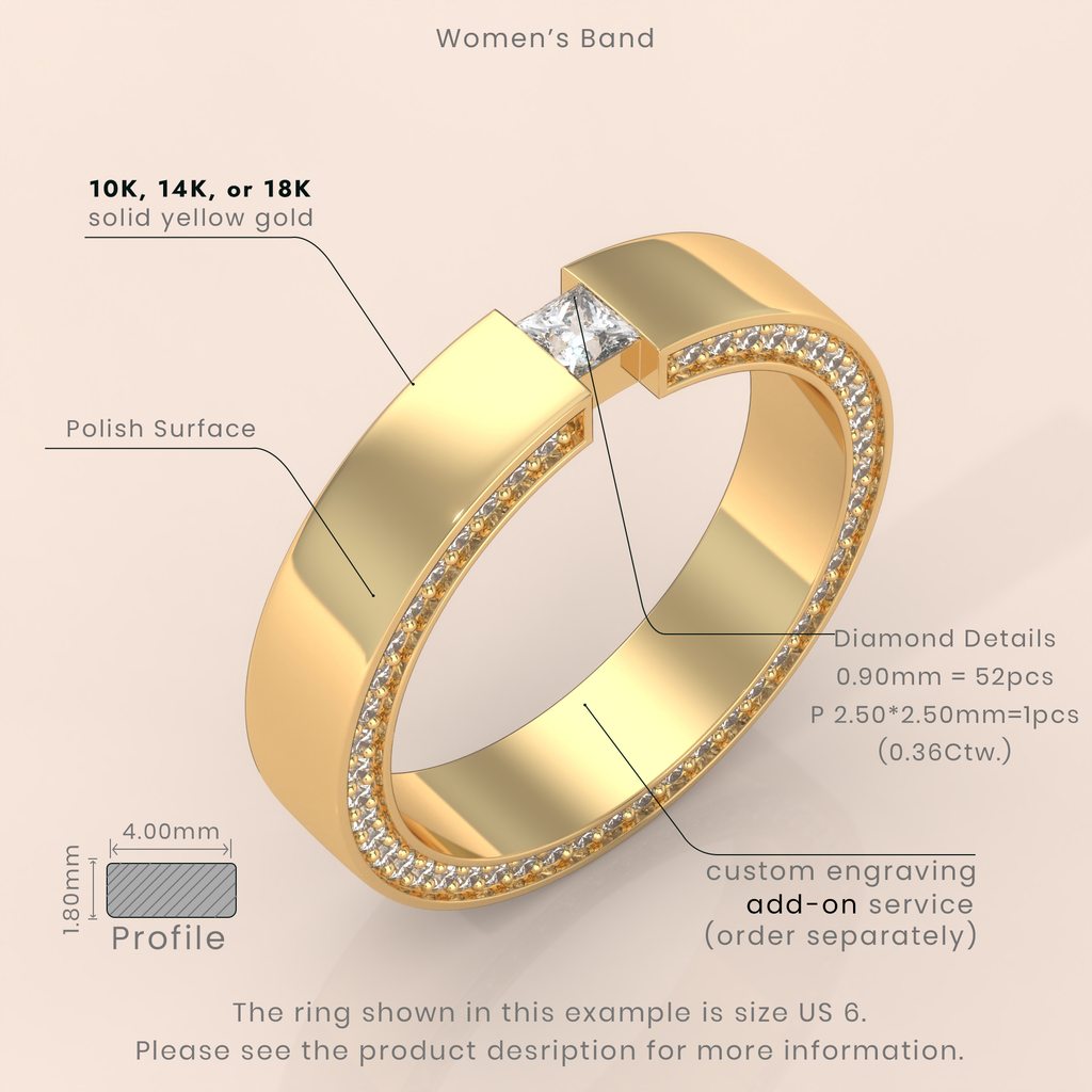 10k Gold Couple Bands – Unique His and Hers Wedding Rings with Princess Cut Diamonds and Pavé Design