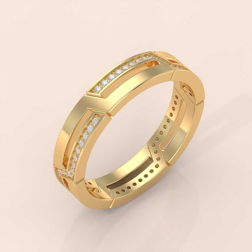 10k Gold Couple Rings – His and Hers Geometric Matching Wedding Bands with Diamond Accents, Unique Anniversary Gift