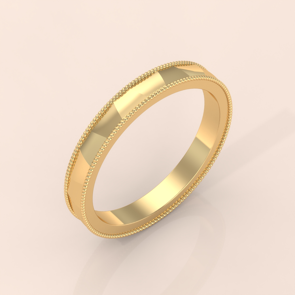 10k Gold Couple Ring Set – Handmade Faceted Wedding Bands with Beaded Edge, Classic Anniversary Jewelry