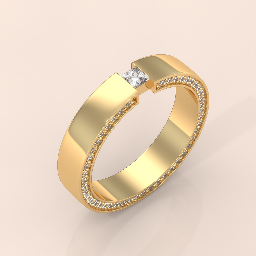 10k Gold Couple Bands – Unique His and Hers Wedding Rings with Princess Cut Diamonds and Pavé Design