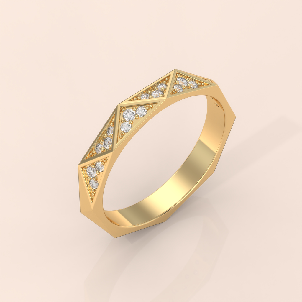 10k Gold Couple Rings – Faceted Geometric Wedding Bands with Diamond Accents, His & Hers Set